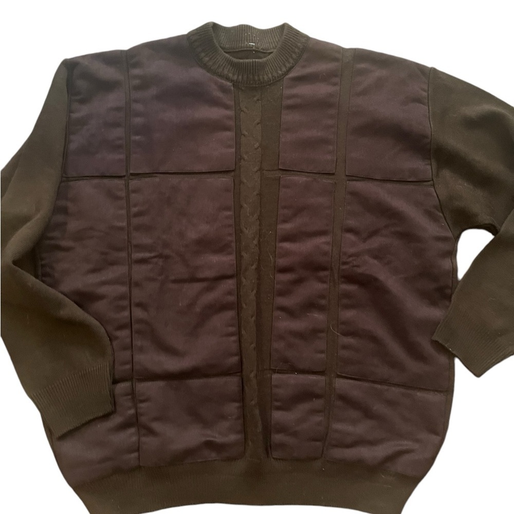 Vintage eclectic grandpa sweater chocolate brown withh faux suede patches XL